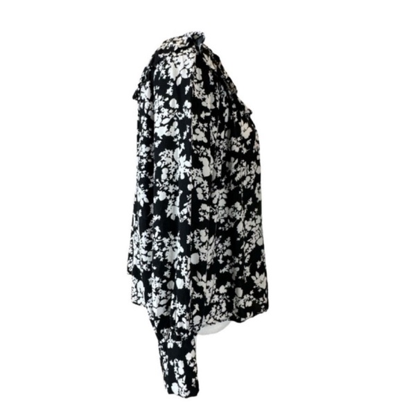 ZARA Black & White Floral Blouse Keyhole Neck w/Elastic Button Fastener, Size M. - Picture 3 of 11